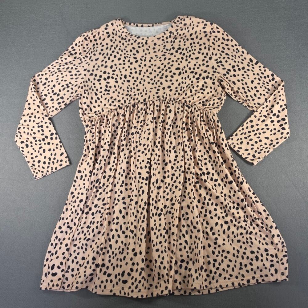 Womens Cheetah Animal Print Long Sleeve Babydoll Dress Beige Black Spot M L